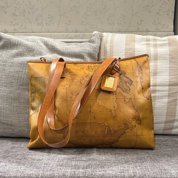 Alviero Martini Tan Map Print Shoulder Bag with Zipper Closure